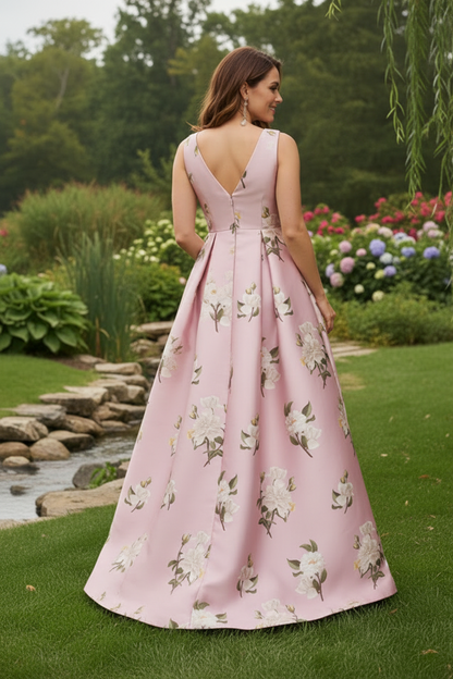 Floral V-Neck Pleated Gown with Front Slit
