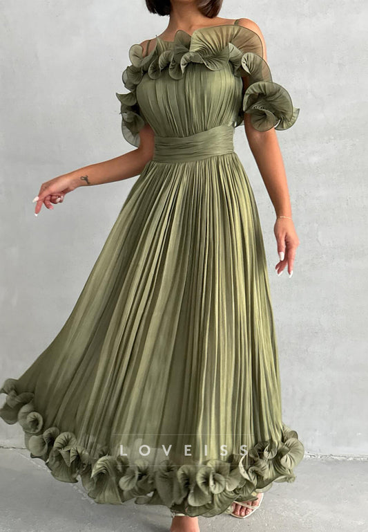 Off-the-Shoulder Pleated Ruffle Midi Dress