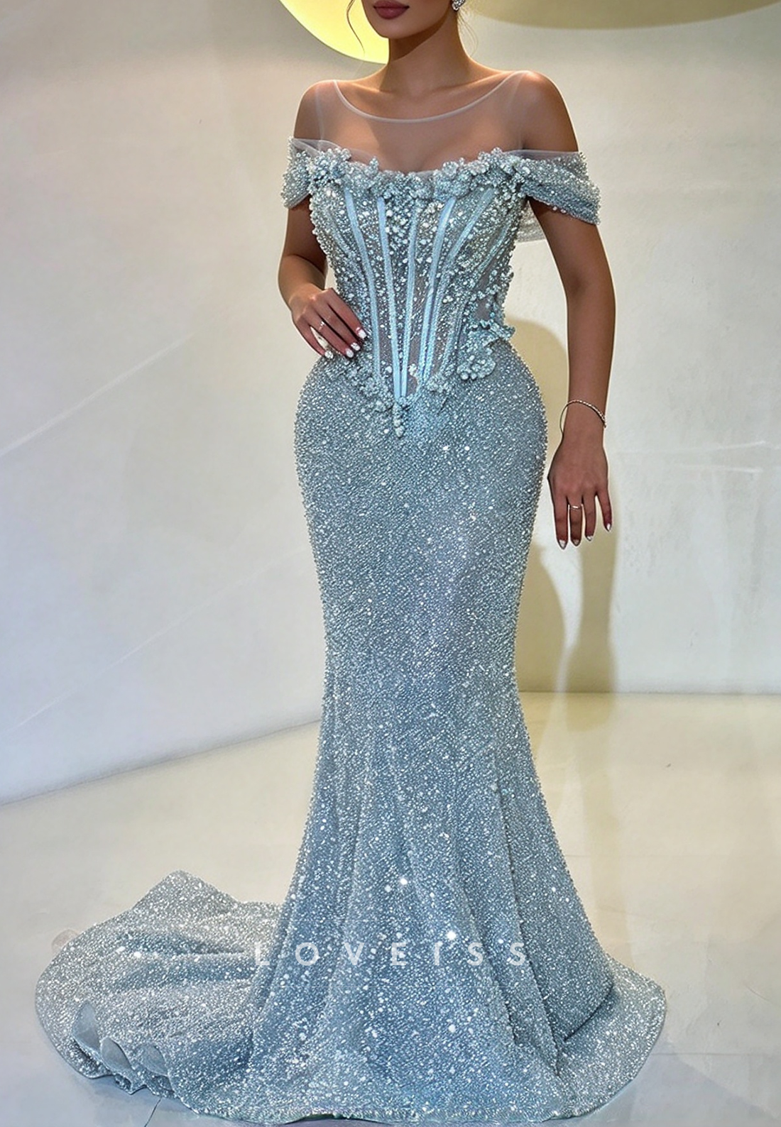Corset Mermaid Evening Gown with Beaded Pearls