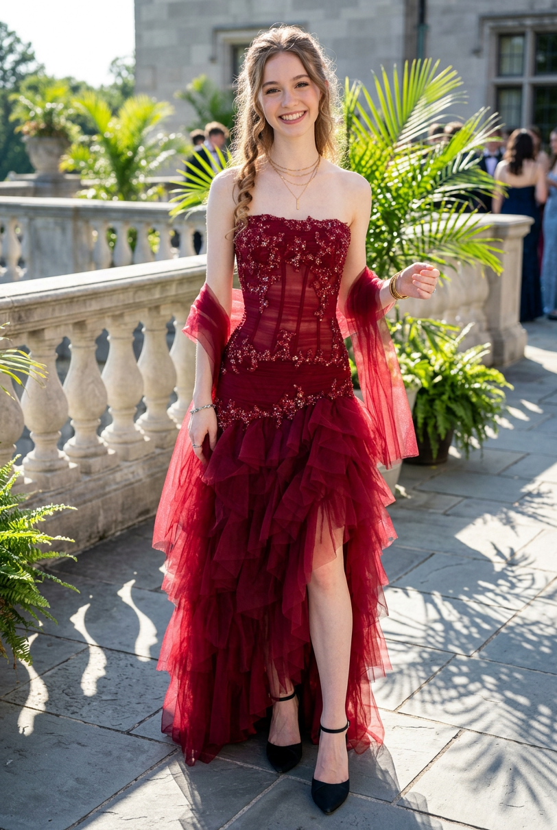 Strapless Beaded Corset High-Low Tiered Tulle Dress