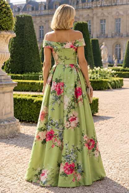 Off-the-Shoulder Floral Evening Gown with Overskirt