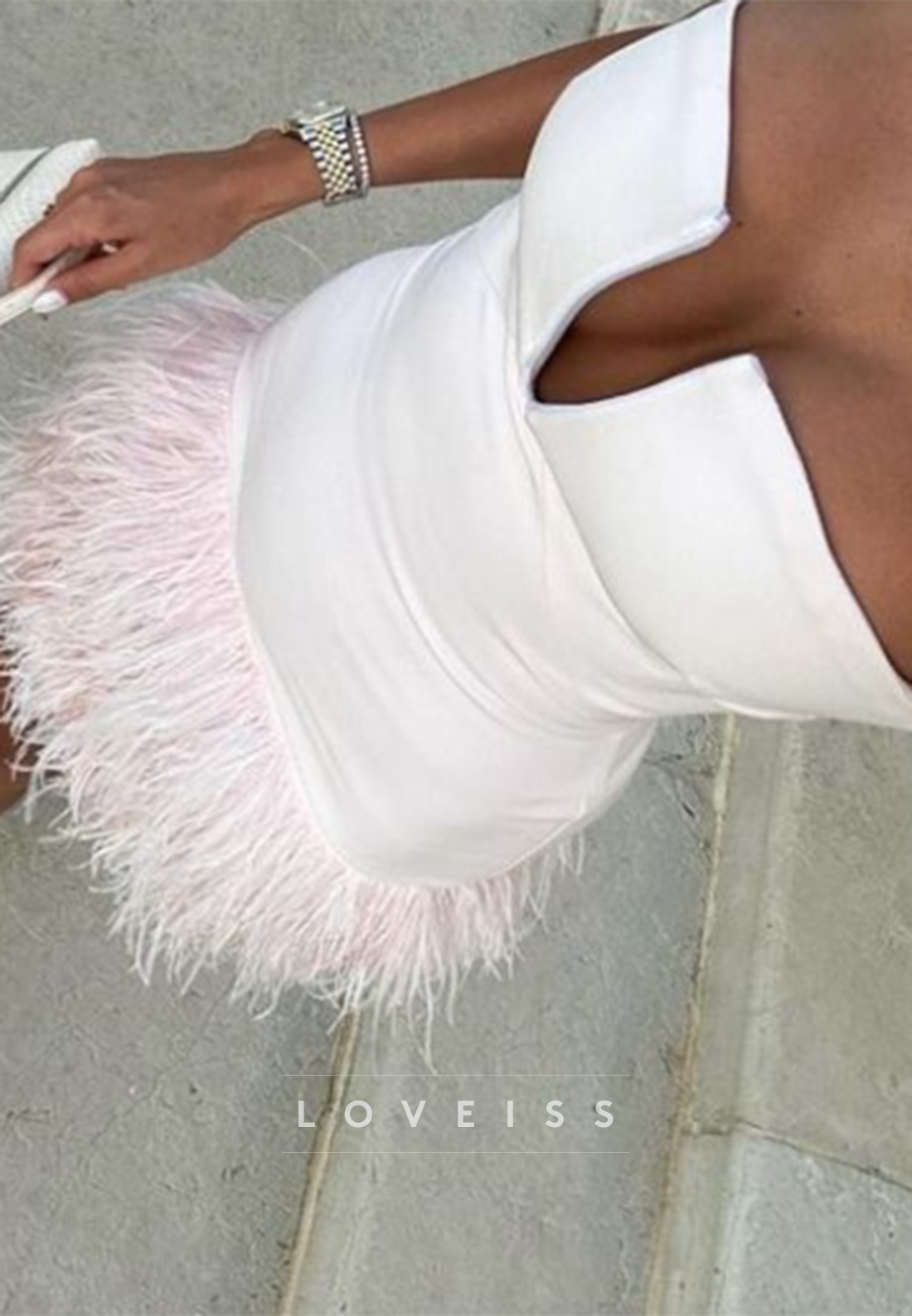 Strapless Plunge Neckline Mini Dress with Feather Trim