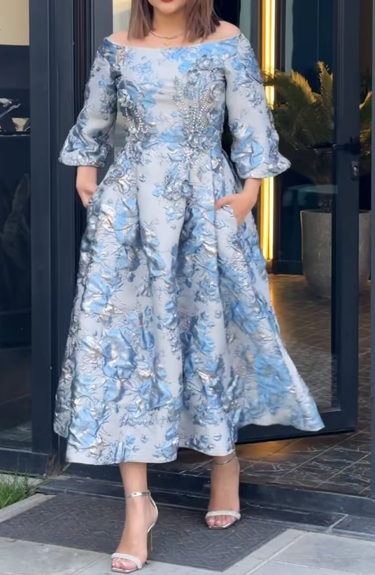 Floral Jacquard Off-Shoulder Midi Dress with Pockets