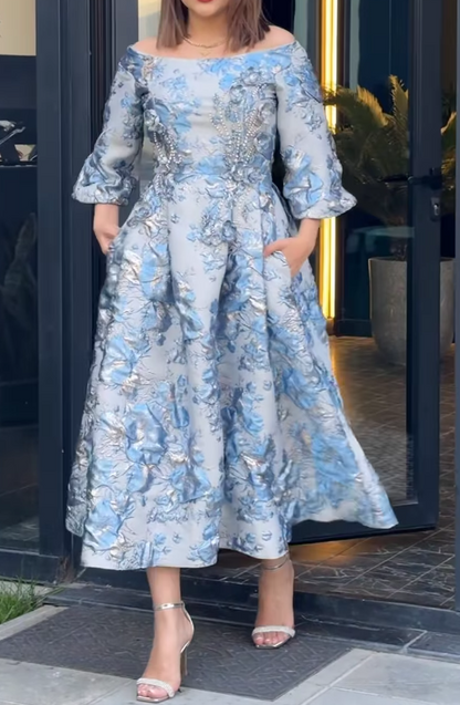 Floral Jacquard Off-Shoulder Midi Dress with Pockets