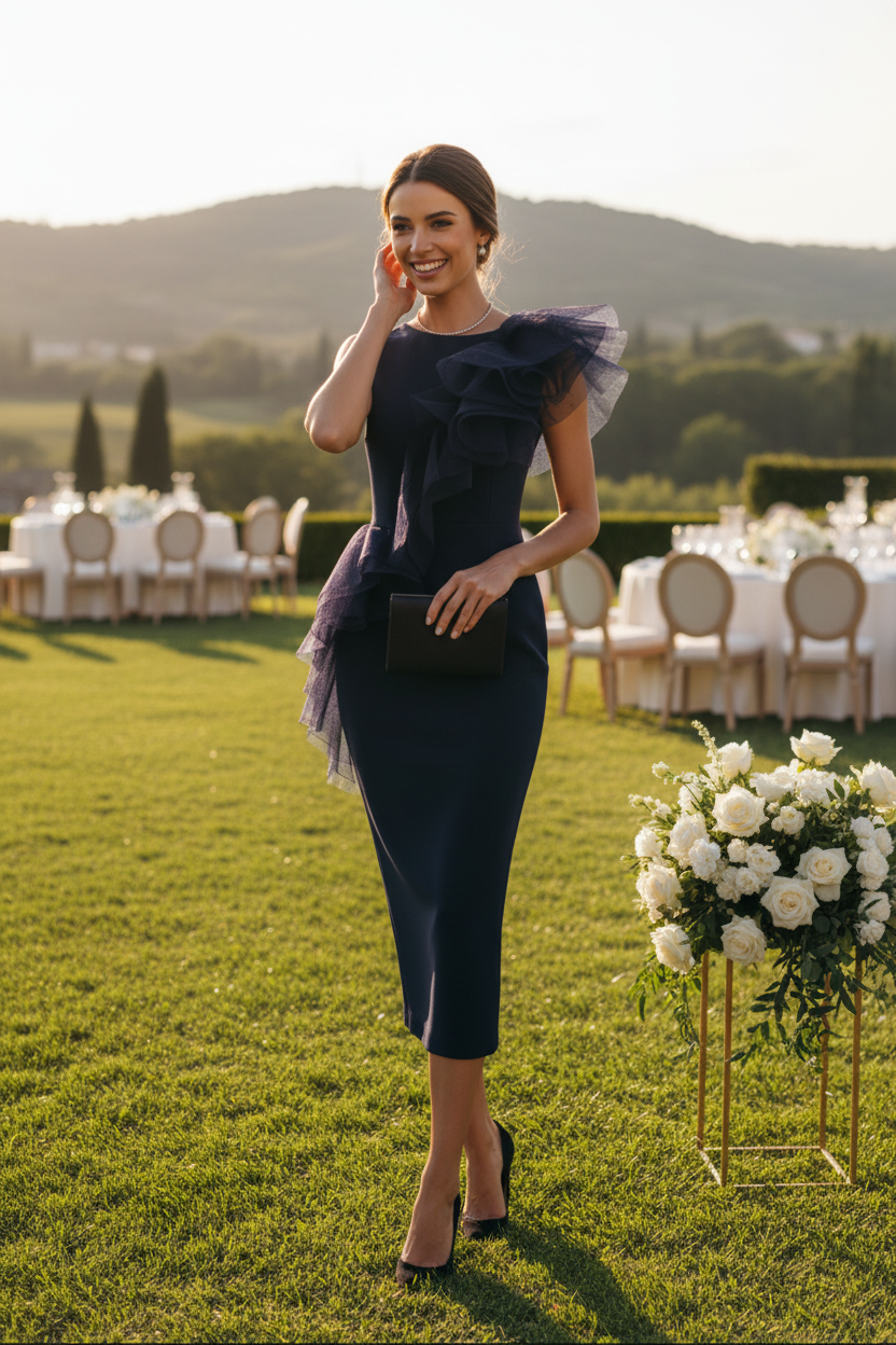 Asymmetrical Ruffle Sleeveless Midi Sheath Dress