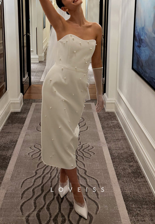 Strapless Pearl-Embellished Sheath Wedding Dress