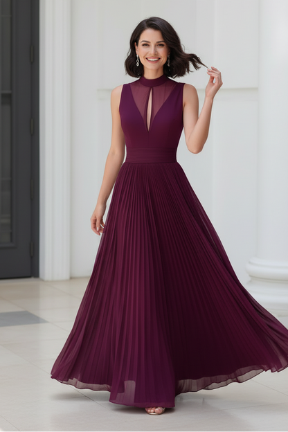 Pleated Chiffon High Neck Evening Dress