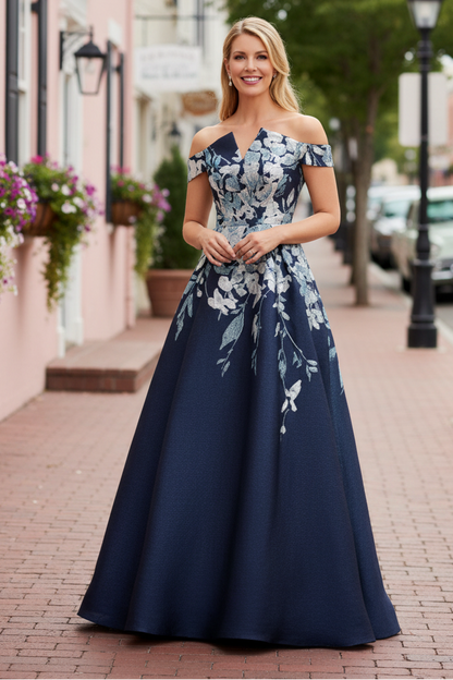 Metallic Floral Off-the-Shoulder A-Line Gown
