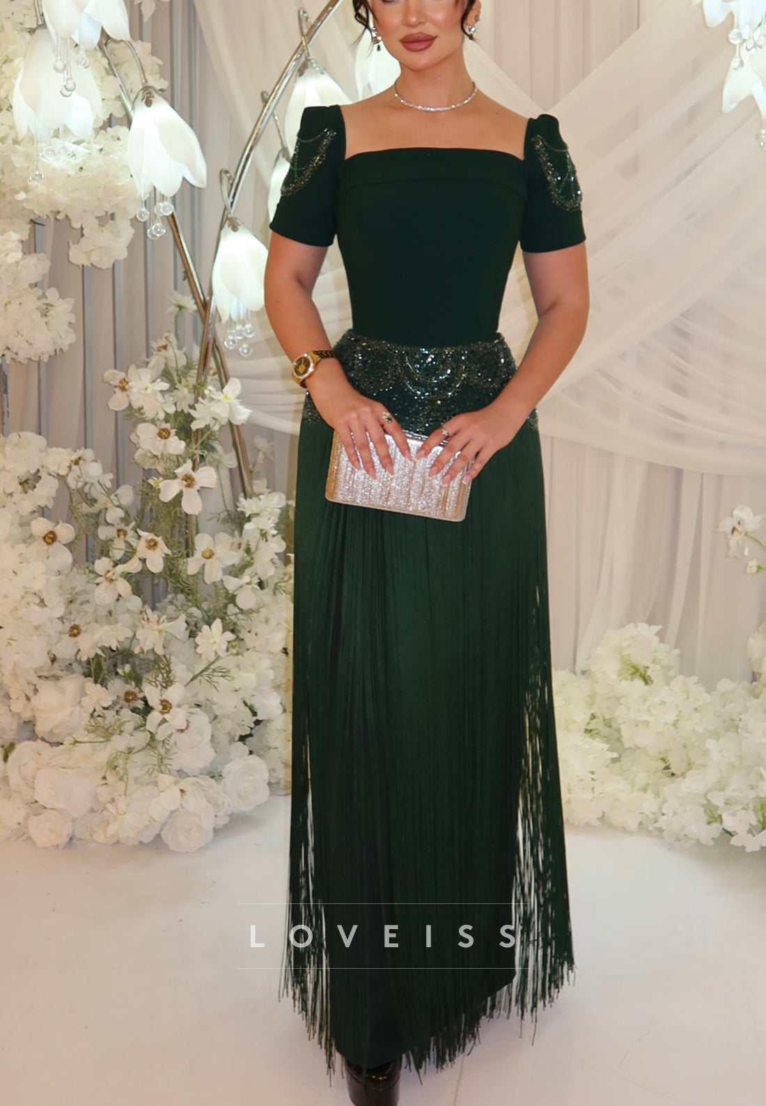 Beaded Fringe Cap Sleeve Evening Gown