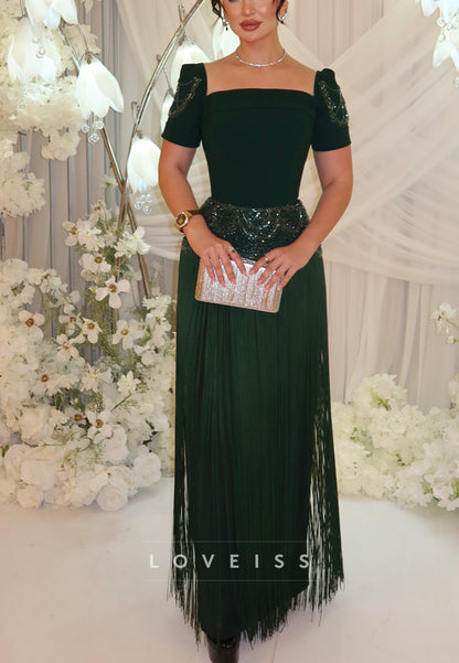 Beaded Fringe Cap Sleeve Evening Gown