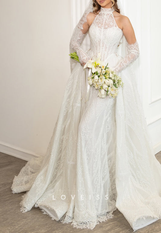 Halter Mermaid Lace Wedding Dress with Overskirt