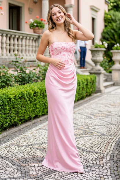 Strapless Sequin Bodice Draped Evening Gown