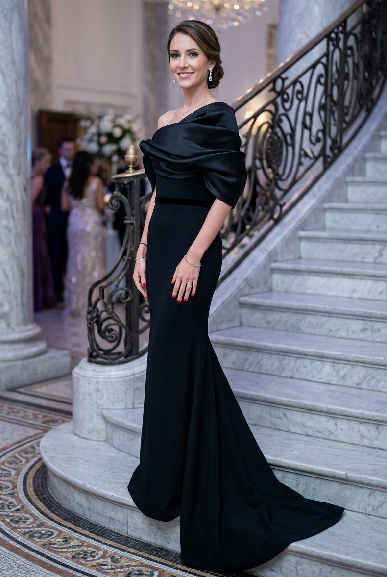 Sculptural Draped Neckline Mermaid Evening Gown