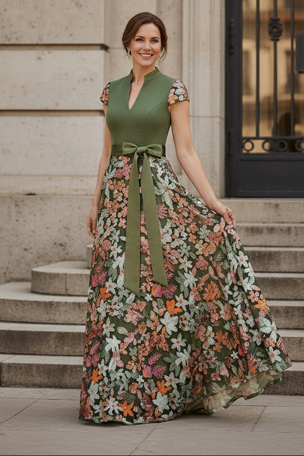 High-Neck A-Line Floral Embroidered Evening Gown