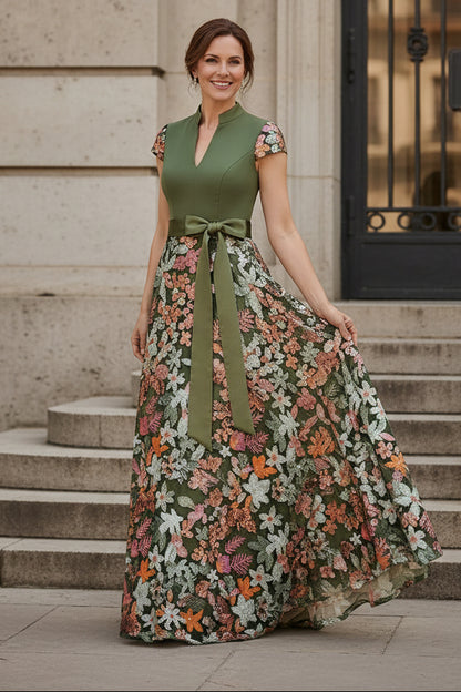 High-Neck A-Line Floral Embroidered Evening Gown
