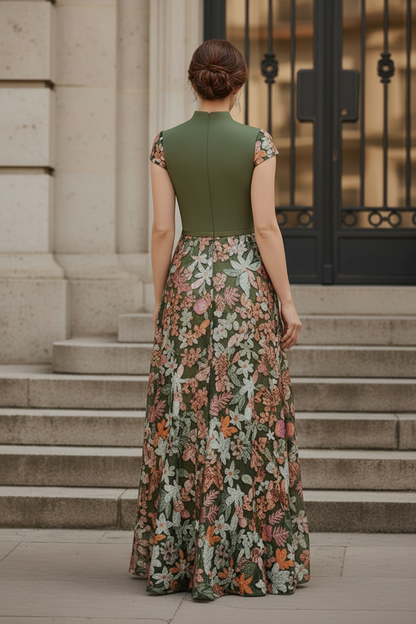 High-Neck A-Line Floral Embroidered Evening Gown