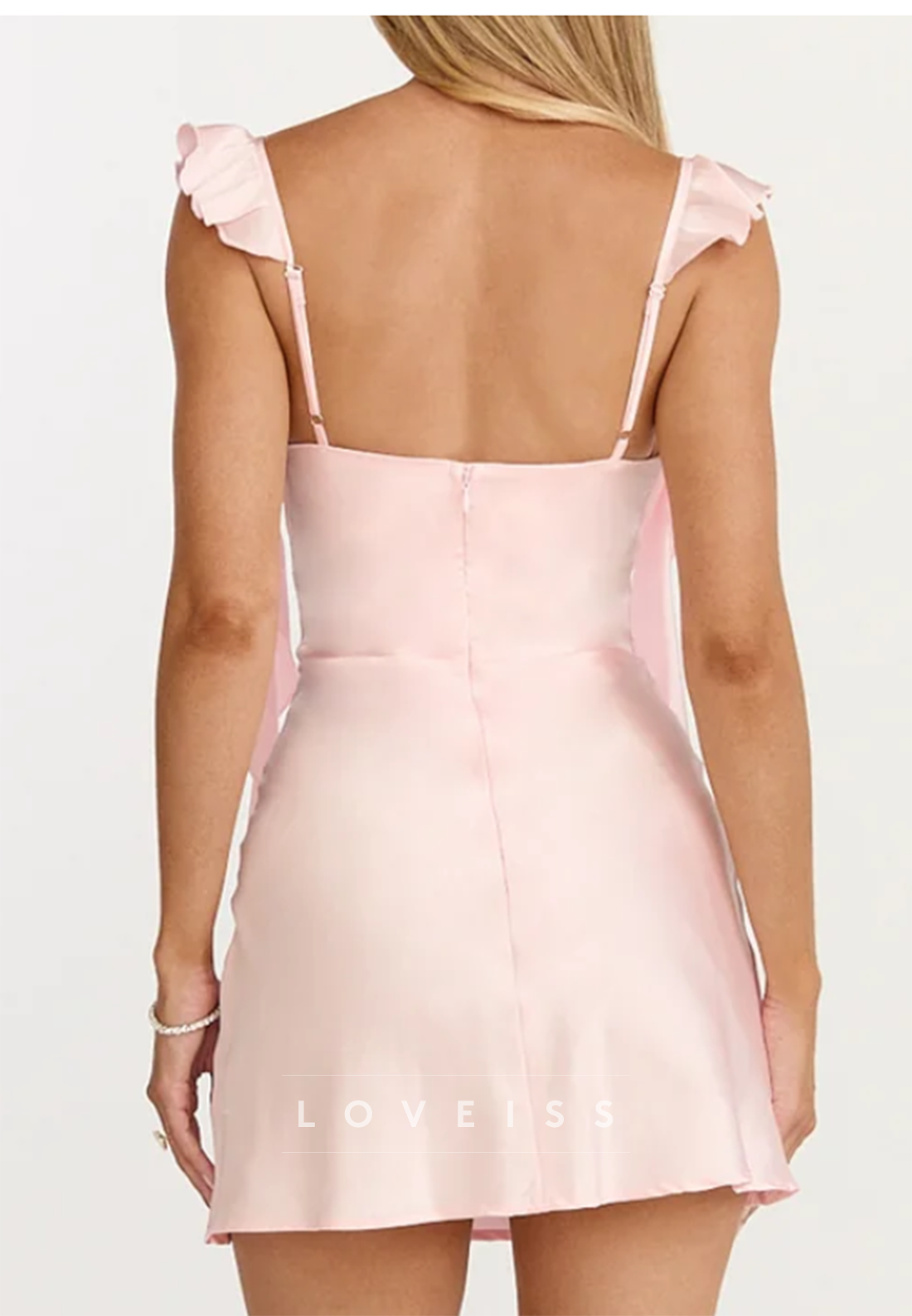 Ruffle Strap Satin Mini Dress with Ruched Bodice