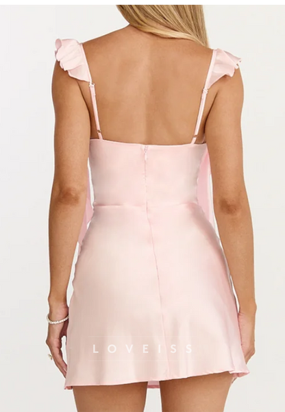 Ruffle Strap Satin Mini Dress with Ruched Bodice