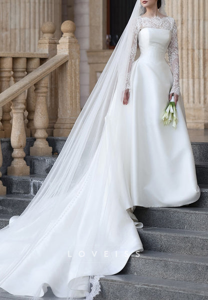 Lace Long Sleeve Satin A-Line Wedding Dress