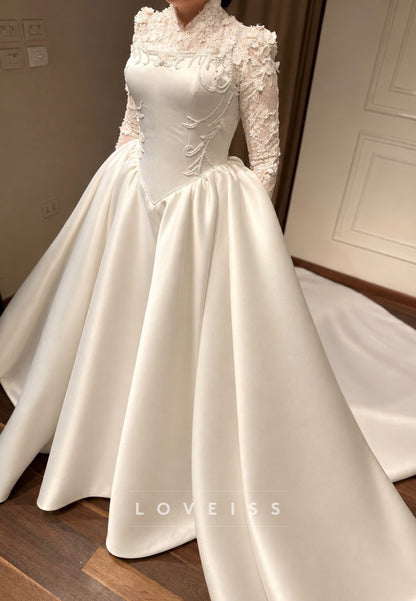 High Neck Lace Ball Gown Wedding Dress