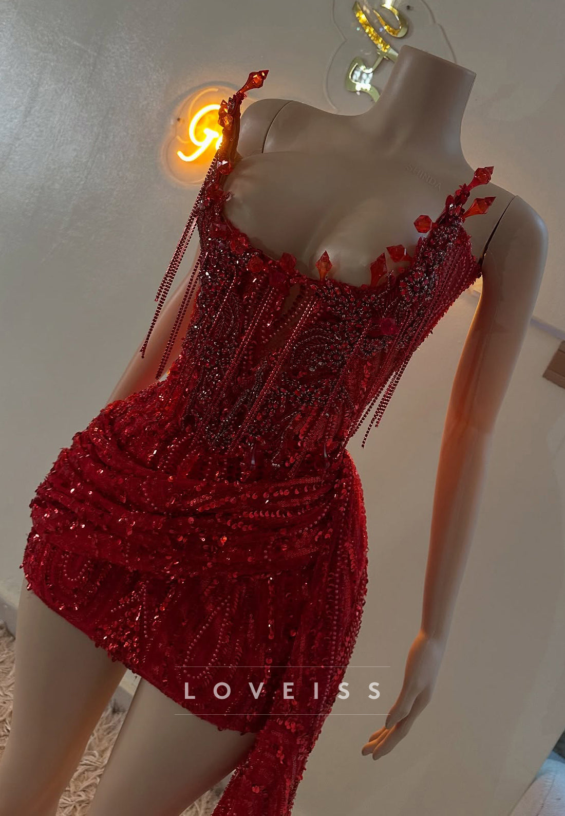 Asymmetrical Beaded Corset Evening Mini Dress