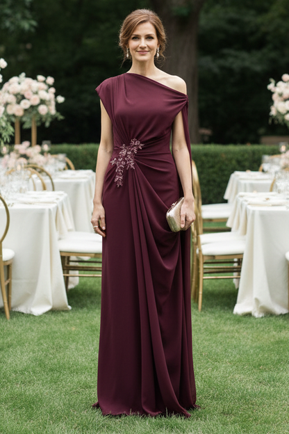 One-Shoulder Cape Sleeve Evening Gown with Beaded Waist