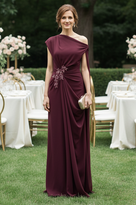 One-Shoulder Cape Sleeve Evening Gown with Beaded Waist