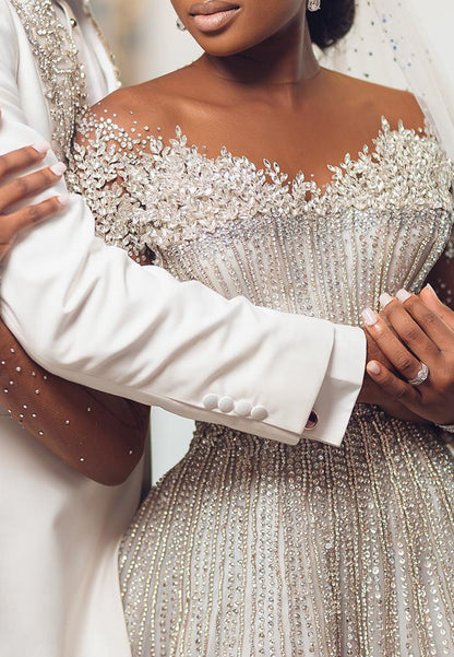 Beaded Ball Gown Wedding Dress with Illusion Sleeves