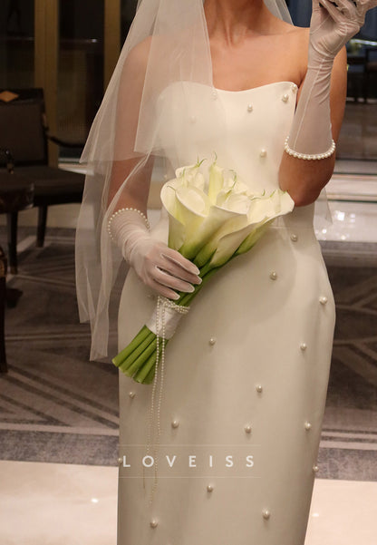 Strapless Pearl-Embellished Sheath Wedding Dress
