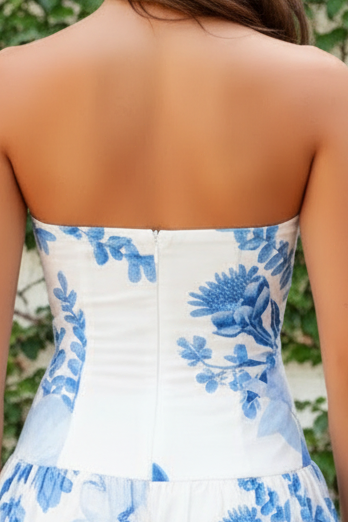 Strapless Floral Print Mini Dress with Tiered Ruffle Skirt