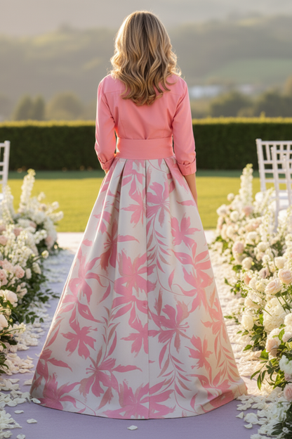 Collared Shirtdress Gown with Floral Full Skirt