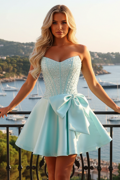 Strapless Beaded Corset Mini Dress with Bow