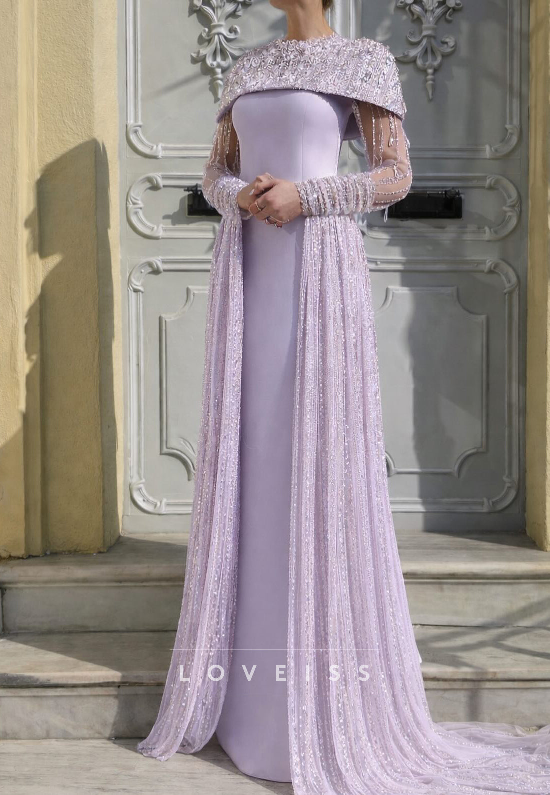 High-Neck Sheath Evening Gown with Beaded Cape