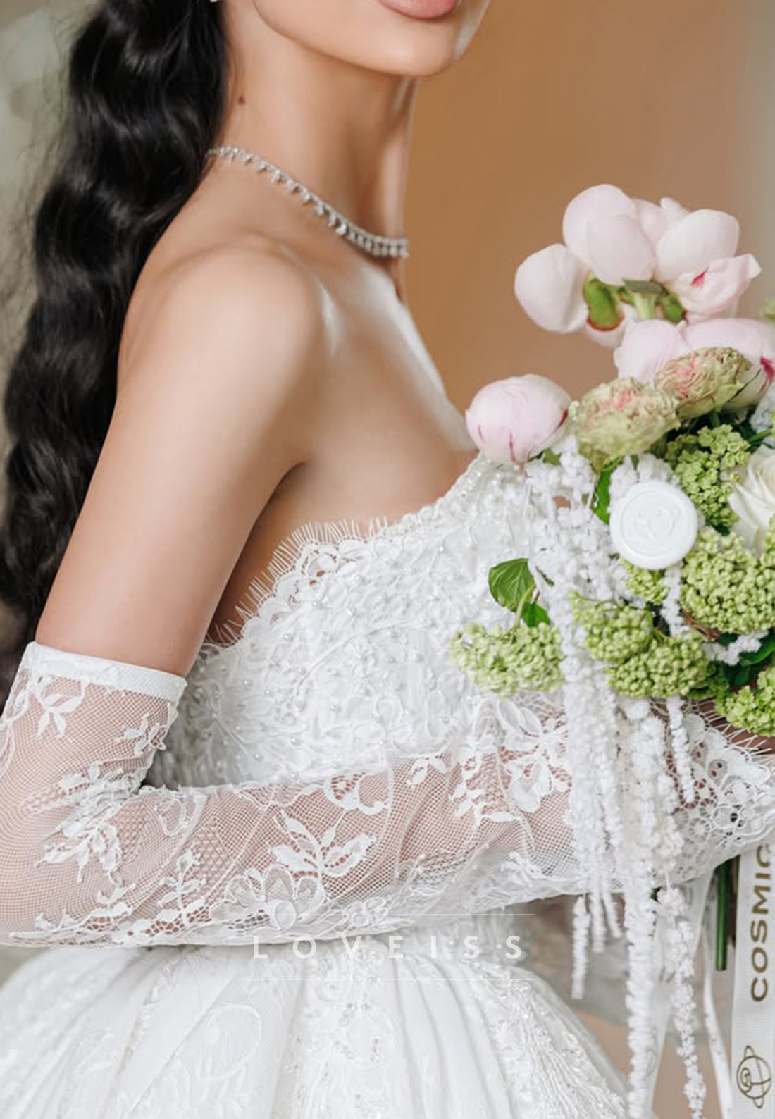 Strapless Lace Ball Gown Wedding Dress with Long Sleeves