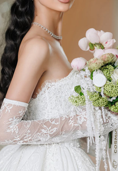 Strapless Lace Ball Gown Wedding Dress with Long Sleeves