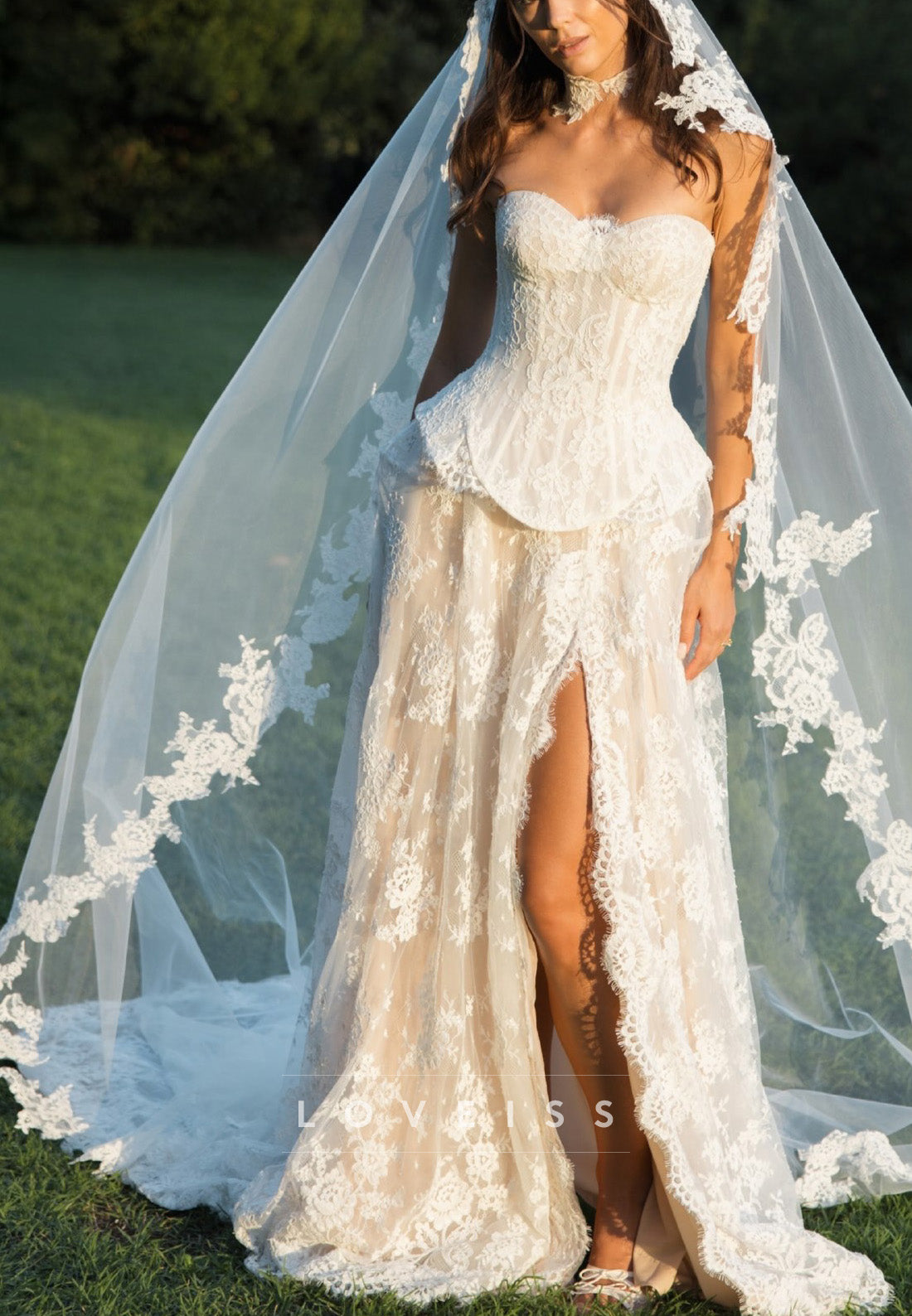 Lace Strapless Corset Wedding Dress with Slit