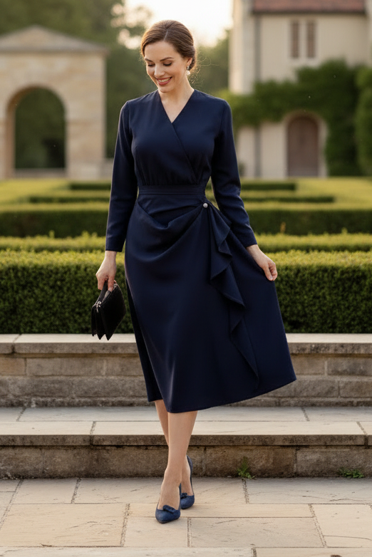 V-Neck Midi Dress with Side Cascading Ruffle