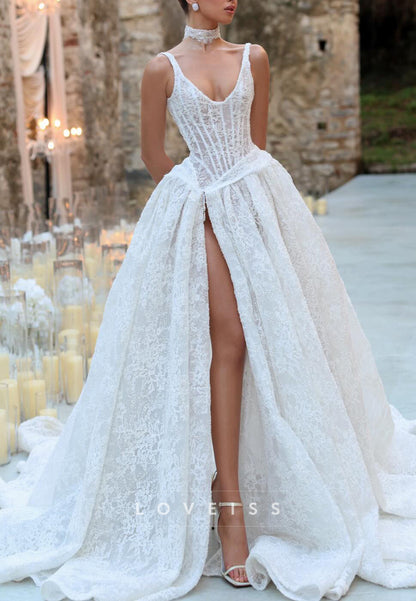 Deep V Lace Wedding Dress with Corset Bodice & High Slit