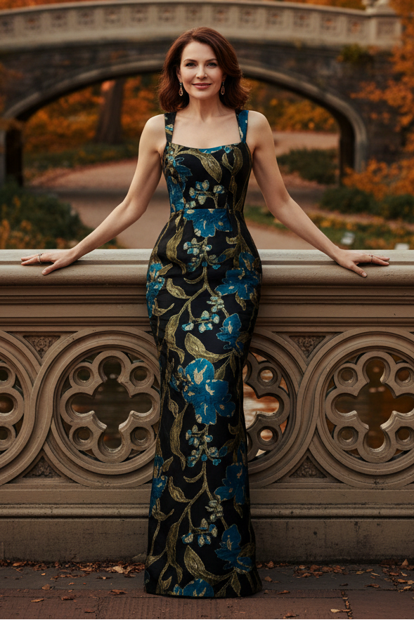 Square Neck Floral Jacquard Column Gown