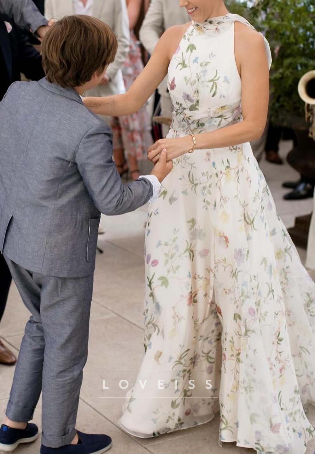 Floral High Neck Halter A-Line Maxi Dress
