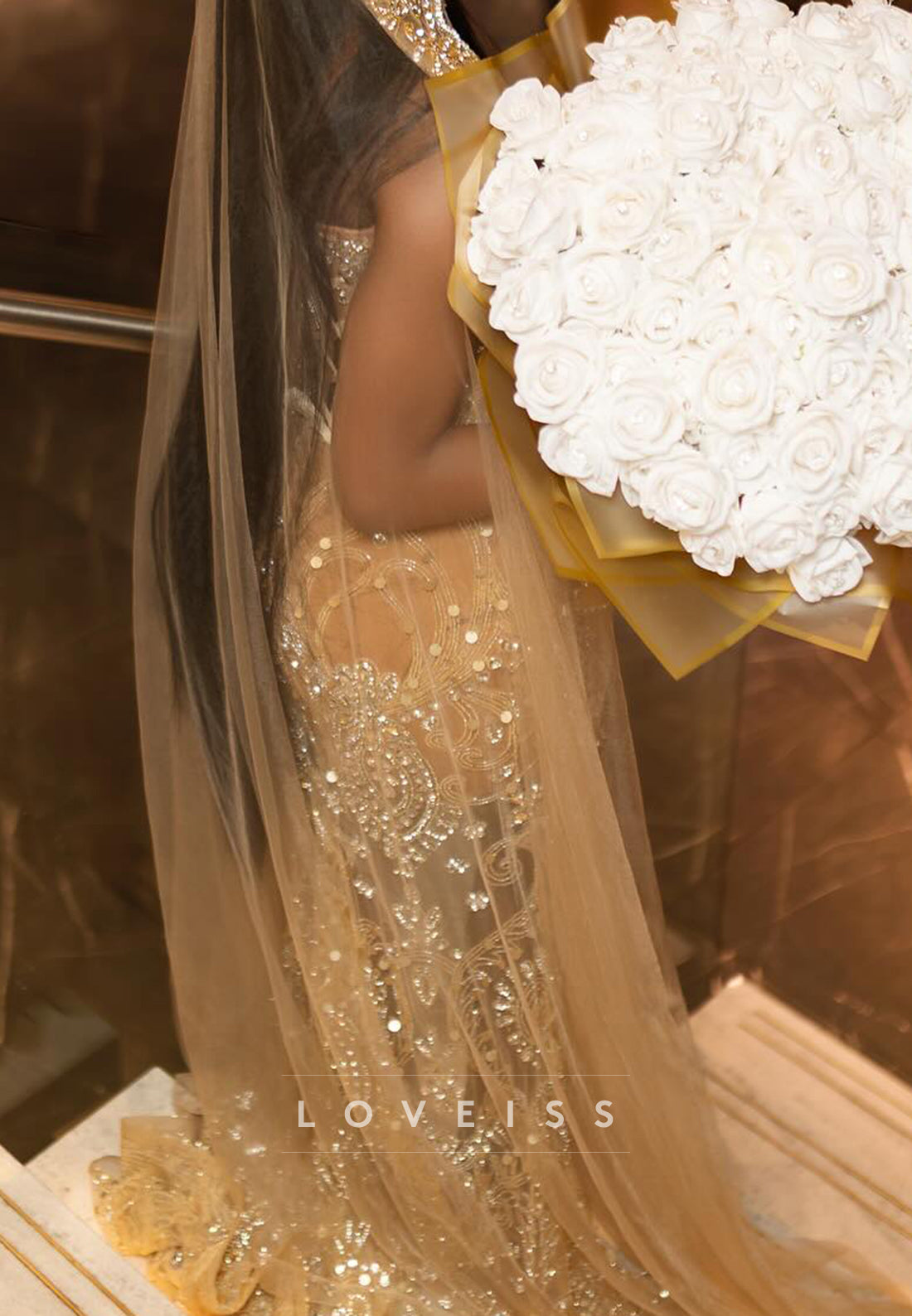 Embellished Corset Evening Gown with Slit and Cape