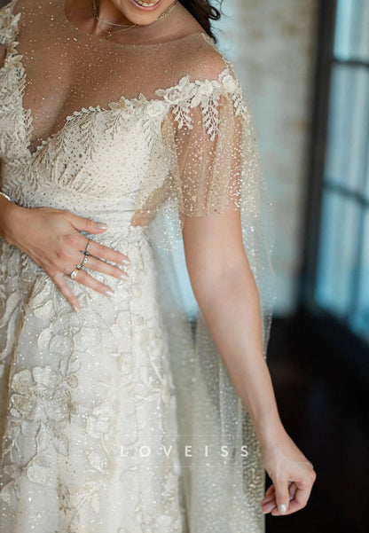 A-Line Lace & Glitter Tulle Bridal Gown with Cape