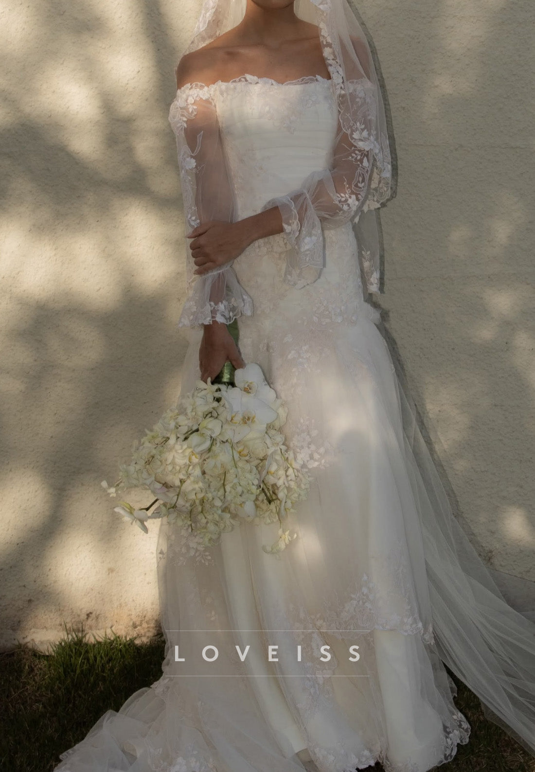 Off-the-Shoulder Lace Drop-Waist Wedding Dress