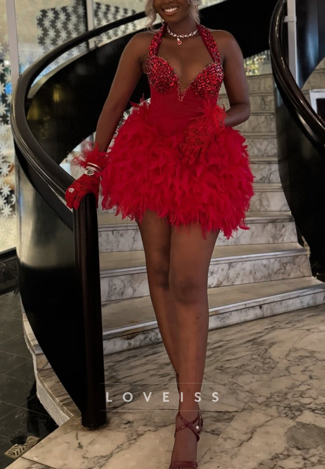 Halter Crystal Bodice Feather Mini Dress