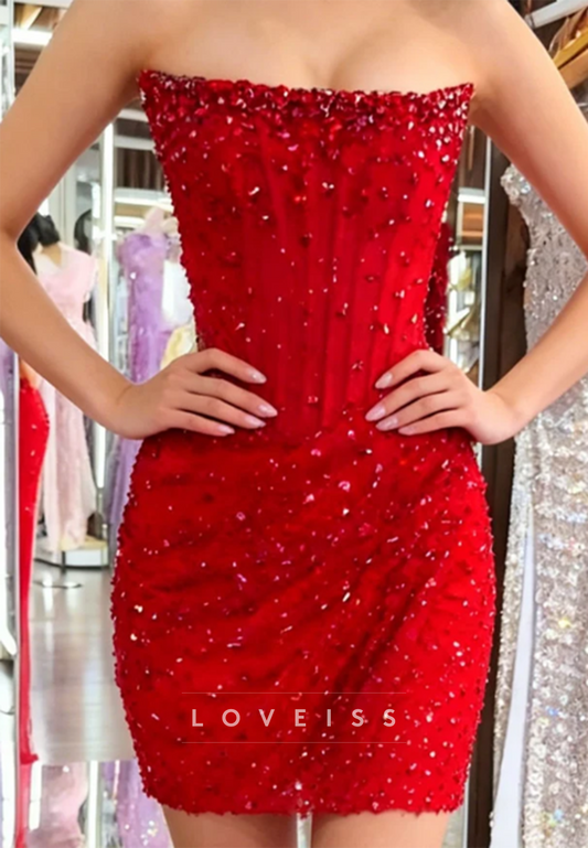 Strapless Beaded Bodycon Mini Dress with Lace-Up Back