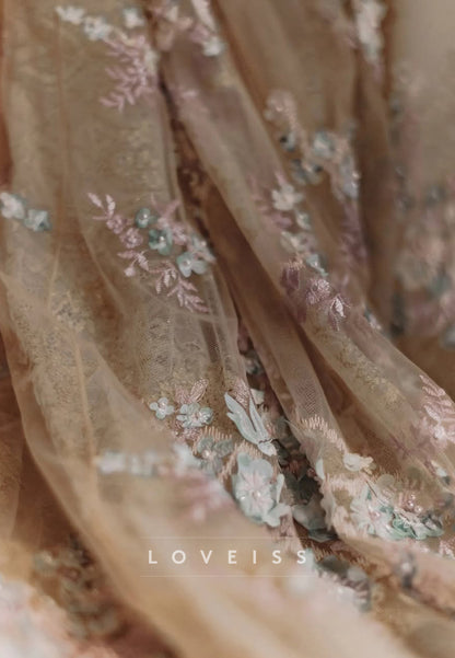 Strapless Floral Applique Tulle A-Line Gown