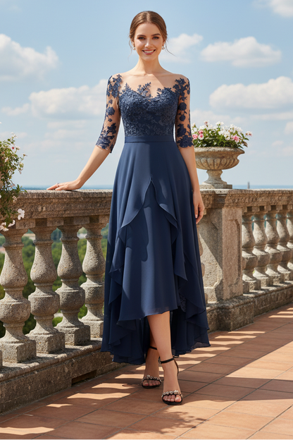 Illusion Lace High-Low Chiffon Evening Dress