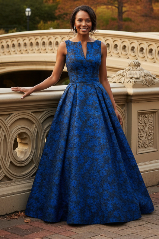 Floral Jacquard Sleeveless Pleated Ball Gown