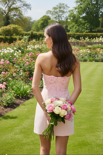 Strapless A-Line Mini Dress with 3D Flower Appliques