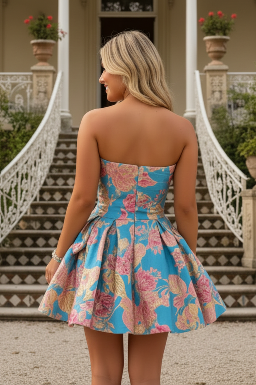 Strapless Floral Jacquard Mini Dress with Bow